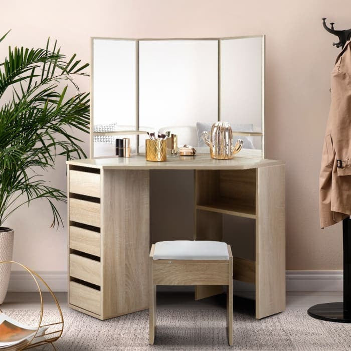 Artiss Corner Dressing Table & Mirror Stool Set - Makeup