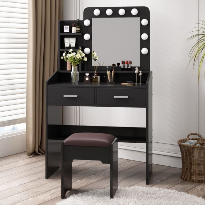 Diana Vanity Set With Shelves Cushioned Stool And Lighted