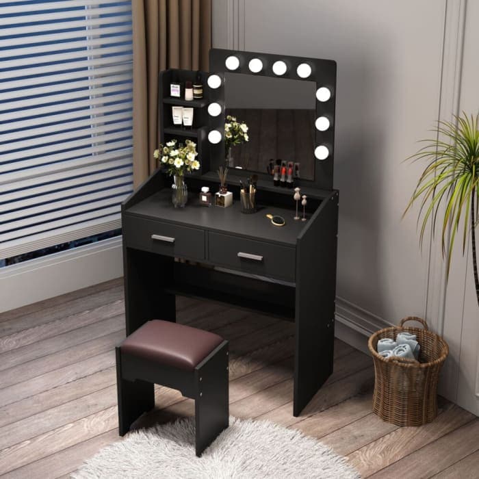 Diana Vanity Set With Shelves Cushioned Stool And Lighted