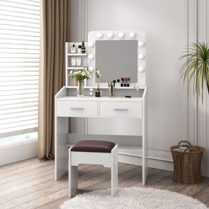 Diana Vanity Set With Shelves Cushioned Stool And Lighted