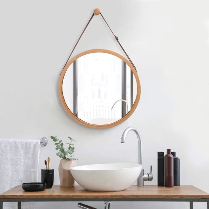 Hanging Round Wall Mirror 38 Cm - Solid Bamboo Frame