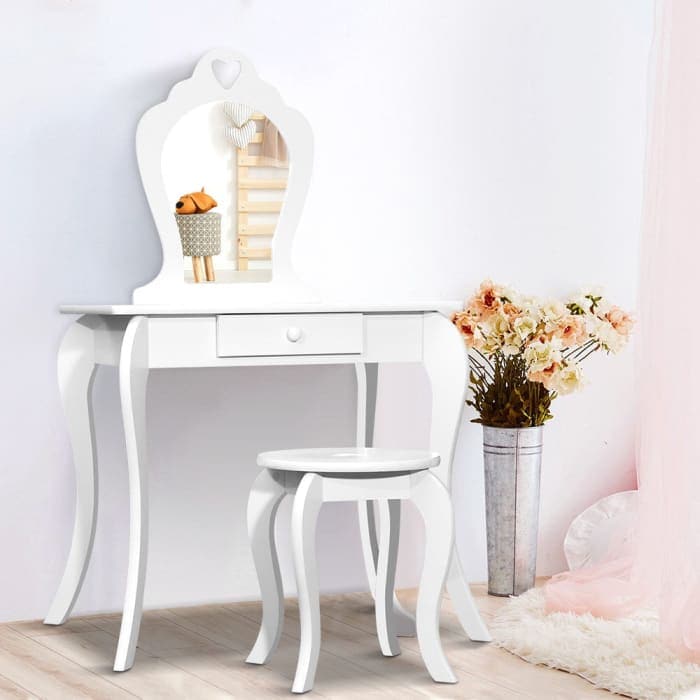 Keezi White Kids Vanity Dressing Table Stool Set Mirror