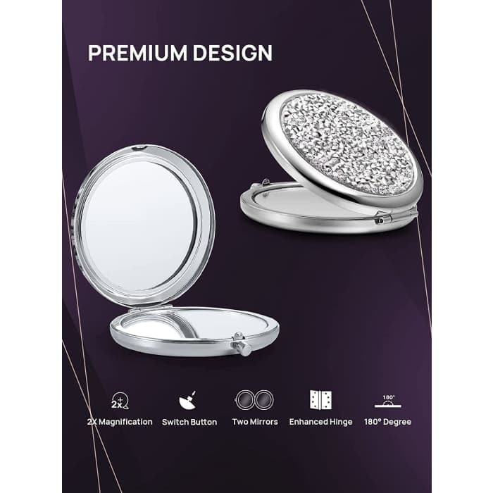 Mini Mix Diamond 1x/2x Magnifying Round Metal Pocket Makeup